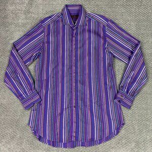 Etro Shirt Men's 40 Purple Green Gold Striped Button Down Up Cotton Milano NWOT